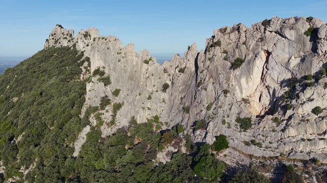 Aerial flyover above the Dentelles de Montmirail in Provence France at Le Mont Ventoux