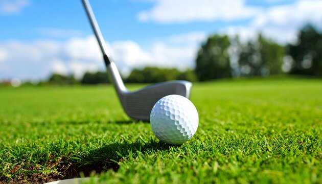 A detailed close-up shot of a white golf ball and club head on green grass, ready for a swing, perfect for isolated, transparent background, backgroundless applications