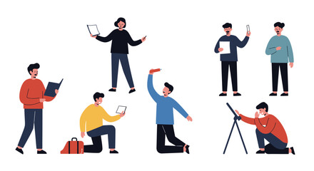 A collection of young men in casual attire engaged in various activities like reading, using technology, and observing with a telescope, depicted in a flat vector style.