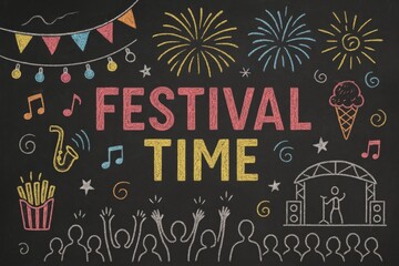 Chalkboard with a colorful background and a large word "Festival Time" written in the center