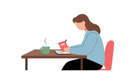 Fototapeta premium A minimalist illustration of a woman sitting at a desk, writing in a journal with a hot cup of tea beside her.