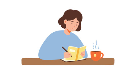 A young woman with brown hair sits at a table, writing in her journal with a pen, next to a steaming cup of hot tea.