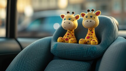 Two giraffe toys on a car seat