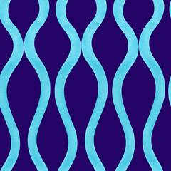 Watercolor seamless pattern of wavy lines on a dark blue background. Seamless vertical background of stylized turquoise waves. Abstraction. For packaging, wrapping paper, wallpaper, textiles