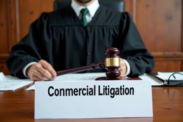 Male Judge Sitting In Office Holding Gavel With Commercial Litigation Nameplate