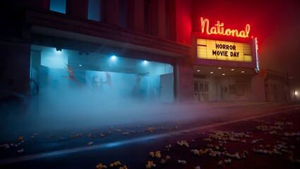 Abandoned Vintage Movie Theater Marquee Glowing for National Horror Movie Day at Dusk