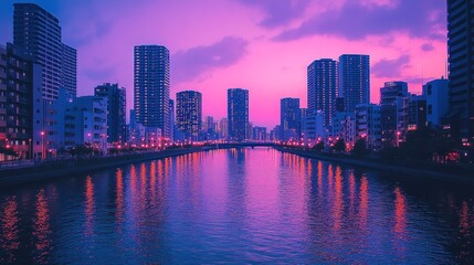 Obraz premium Vibrant city skyline at twilight, reflected in a calm river