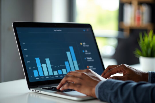 Close-Up of African Businesswoman Analyzing KPIs on Laptop in Modern Office Setting - Powered by Adobe