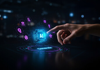 AI technology concept with hand interacting with futuristic digital interface, generating data