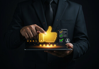 Businessman giving thumbs up rating 5 stars on tablet for positive customer satisfaction
