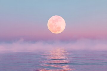 Pink moon over pastel ocean mist water