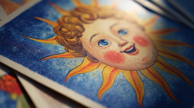 A close-up of The Sun card with a radiant sun and joyful child