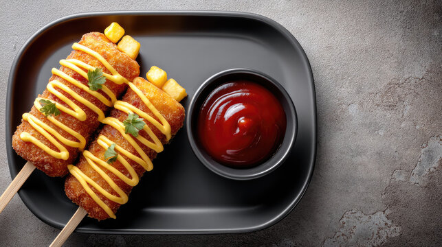 Crispy corn dog street food mustard ketchup snack savory golden skewer