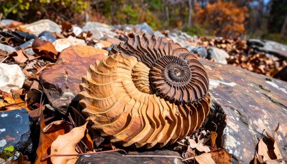 Ammonite Fossil Resting on Autumn Leaves and Rocks