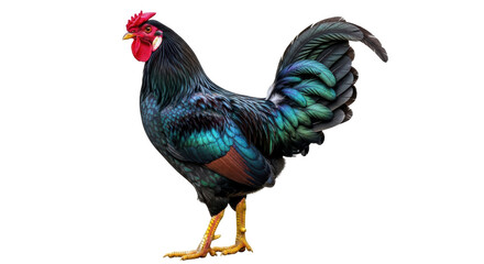 Isolated Rooster with iridescent feathers standing proud, a rural poultry farm cock