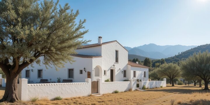 Spanish Farmhouse Under the Sun  Olive Trees and Sierra Nevada Peaks