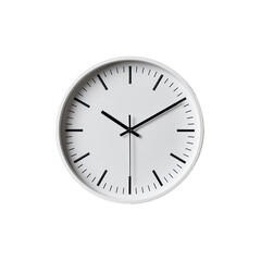 A simple, round, white clock with black hands and numerals