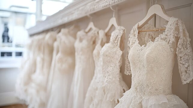 White wedding gowns on hangers - Powered by Adobe