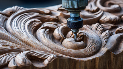 Close-up of a drill bit carving intricate wood patterns on a detailed wooden surface