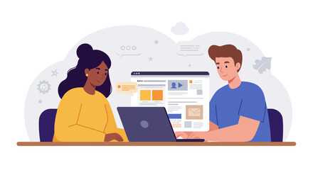 Two diverse colleagues collaborating on a web design project using a laptop in a modern illustration style.