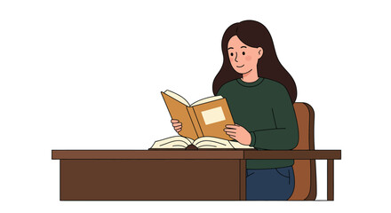 An illustrated young woman with long brown hair sits at a wooden desk, smiling as she reads a book.