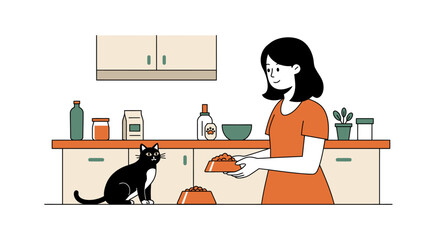 A young woman in a kitchen holds a bowl of food for her black cat sitting on the counter.