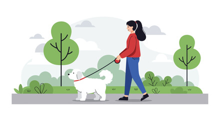A young woman in casual clothes walks her fluffy white dog on a leash through a green city park with trees and bushes.