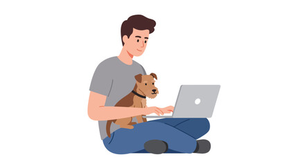 A young man sitting cross-legged with his dog on his lap, working or browsing on a laptop computer, isolated on a white background.