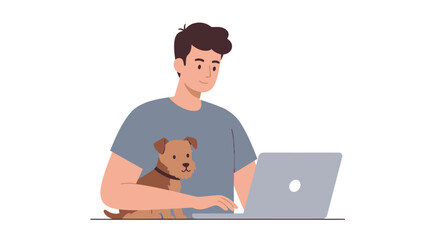 Young man working from home on a laptop computer with his cute pet dog sitting on his lap.