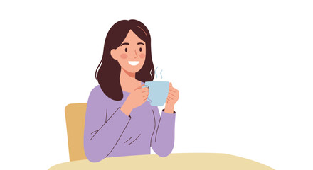 A cheerful young woman with brown hair in a purple sweater sits at a table, smiling while holding a warm mug.