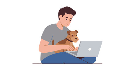 A young man sits cross-legged on the floor with his cute terrier dog on his lap while working on a laptop computer.