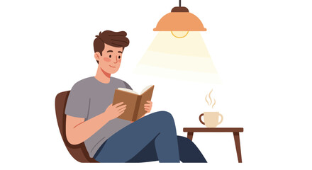 A young man sits in a comfortable chair reading a book under the warm light of a lamp, with a steaming cup of coffee on a small table.