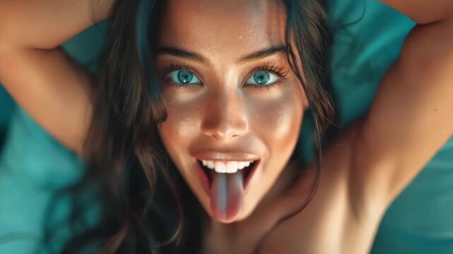 A vibrant close-up of young woman's expressive face, with captivating blue eye wide open and her tongue playfully extended, against soft teal backdrop