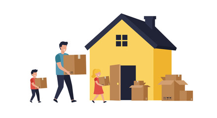 A family with a father, son, and daughter carrying cardboard boxes while moving into their new yellow house.