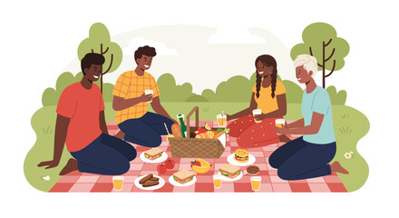 A happy Black family or group of friends enjoying a summer picnic together in a park, sitting on a checkered blanket.