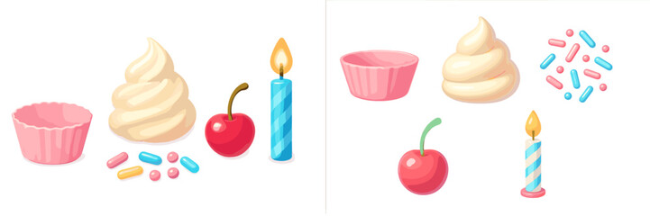 Sweet dessert baking elements with cupcake liners, whipped cream, cherries, birthday candles, and colorful sprinkles