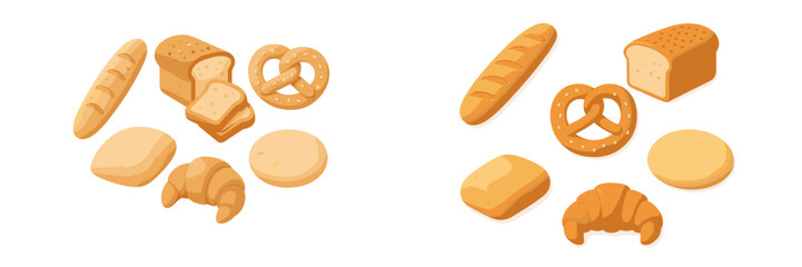 Delicious assortment of fresh baked goods including various types of bread, baguette, pretzel, croissant, and buns