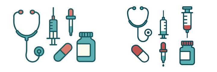 Medical tools and pharmaceutical supplies for healthcare, treatment, and wellness, including stethoscope, syringe, dropper, pill, and medicine bottle
