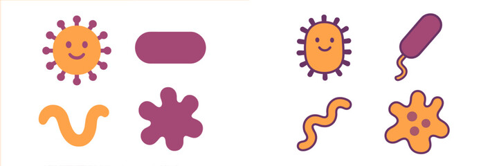 Diverse collection of stylized microscopic organisms including viruses, bacteria, and amoebas with friendly faces
