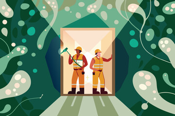Two sewer workers in uniform are standing in the tunnel entrance with a hammer and a clipboard in hand