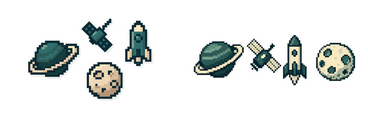Retro pixel art style space objects set including a ringed planet, orbiting satellite, launching rocket, and cratered moon © icon_art