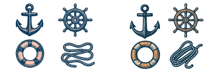 Vintage nautical marine elements with anchors, ship wheels, lifebuoys, and coiled ropes in classic style © icon_art