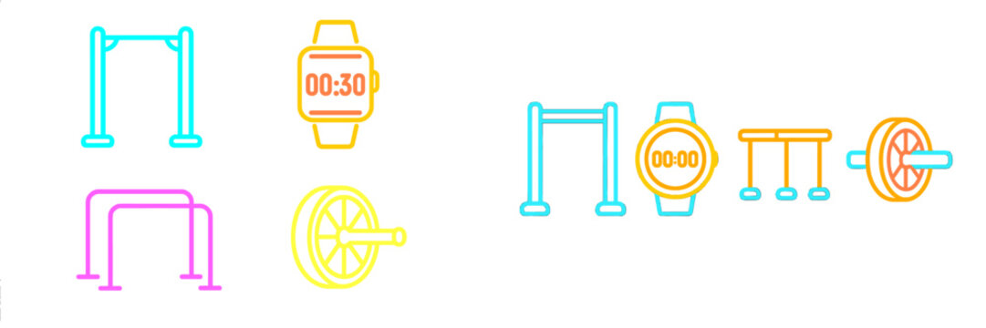 Fitness and workout equipment icons set featuring pull-up bar, parallel bars, ab wheel, and smartwatch for exercise tracking