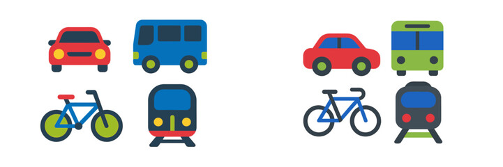 Diverse collection of transportation vehicles: cars, buses, bicycles, and trains for urban and public transit