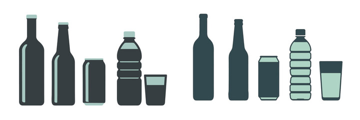 Assortment of common beverage containers including glass bottles cans and plastic water bottles with a drinking glass