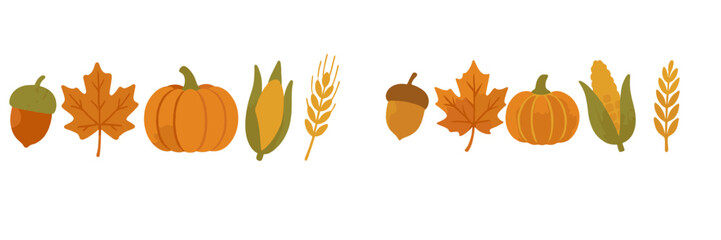 Seasonal autumn harvest elements border with pumpkins, maple leaves, corn, acorns, and wheat on a clean white background