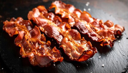 Crispy bacon slices on a dark stone plate
