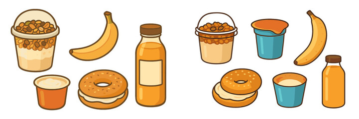 Delicious and nutritious breakfast food assortment with yogurt parfaits, fresh bananas, juice bottles, and cream cheese bagels