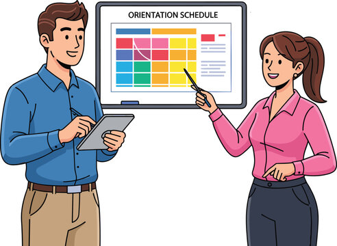 Business presentation, orientation schedule, professional teamwork, office collaboration, training session, digital tablet, project planning, employee training, team discussion, business meeting, 