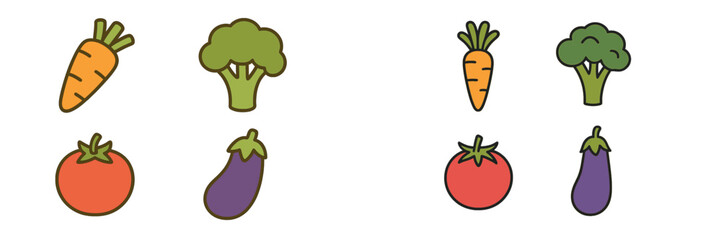 Assortment of healthy garden vegetables including carrots, broccoli, tomatoes, and eggplants with clean graphic outlines